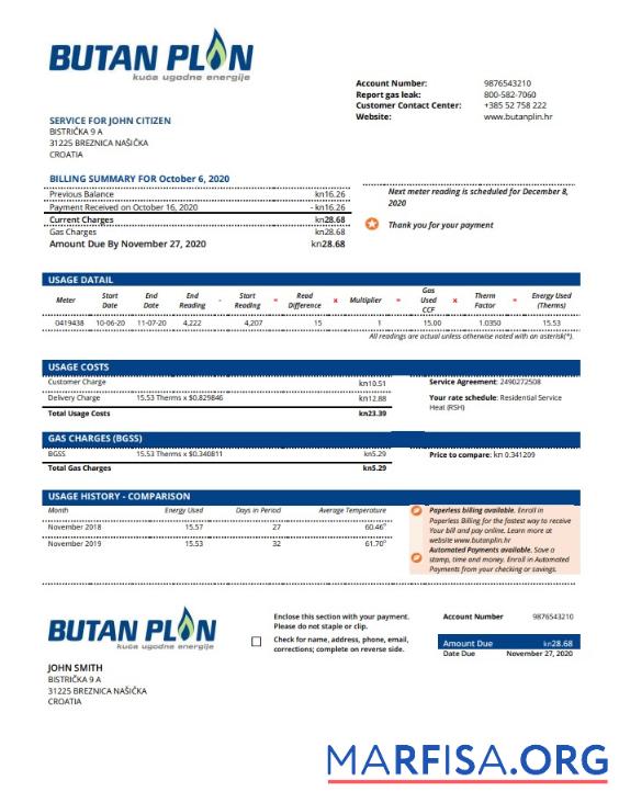 Printable Croatia BUTAN PLIN d.o.o. gas utility bill template